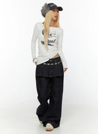 Non-Fade Layered Wide Jeans