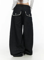 Remi Plaid Detail Wide Jeans