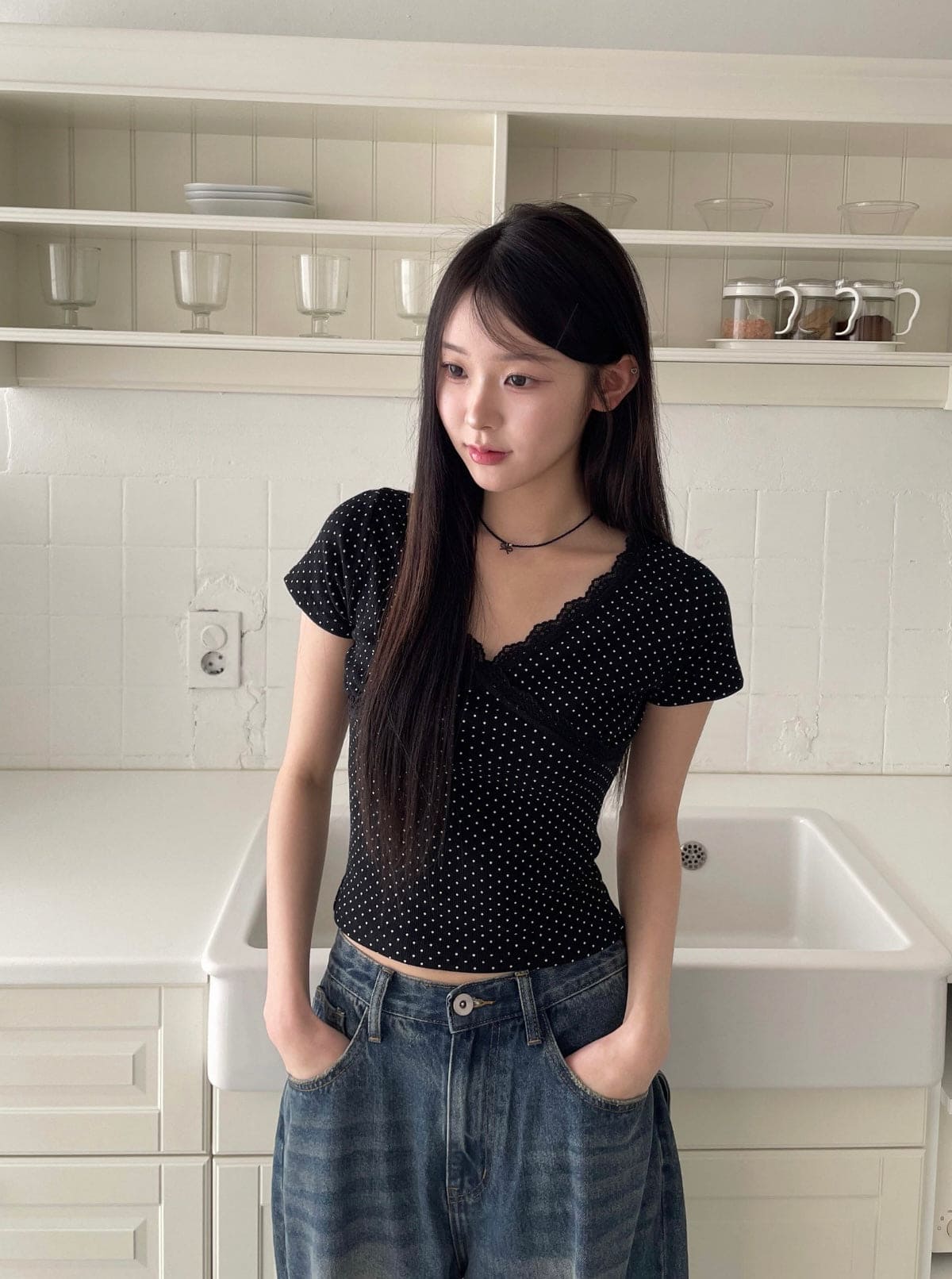 【🖤Korean Style Y2K】PokaDot Lace Tee 