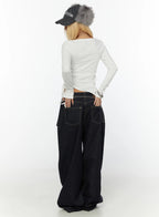 Non-Fade Layered Wide Jeans