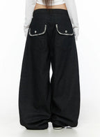 Remi Plaid Detail Wide Jeans