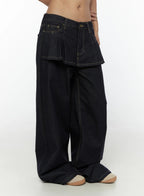 Non-Fade Layered Wide Jeans