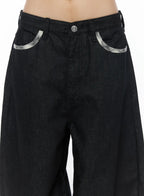 Remi Plaid Detail Wide Jeans