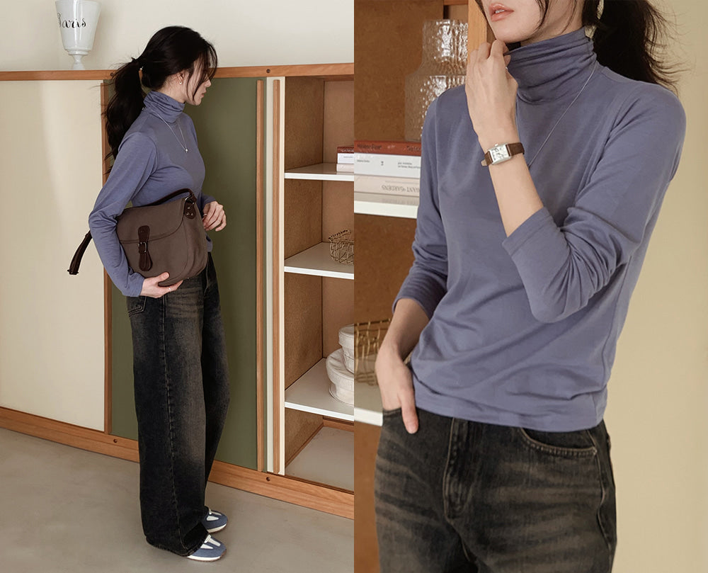 韓網MADE款！柔軟緊身拉絨樽領Tee