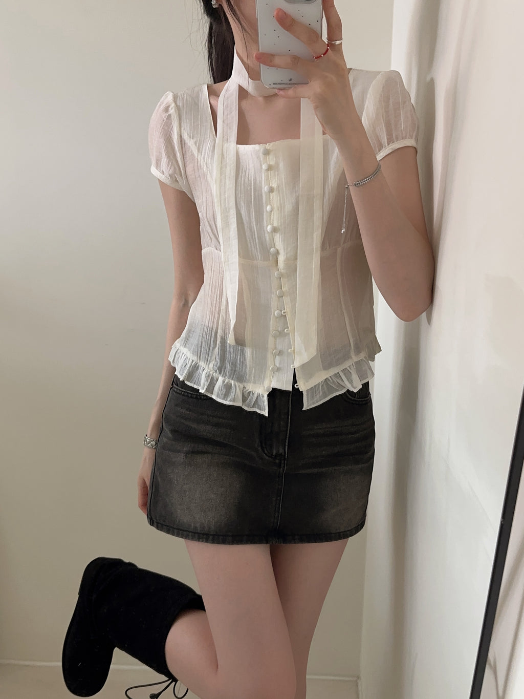 【仙氣約會】Sheer Wrinkle Blouse Set