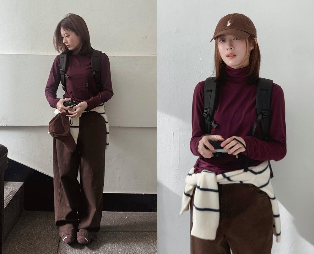 韓網MADE款！柔軟緊身拉絨樽領Tee