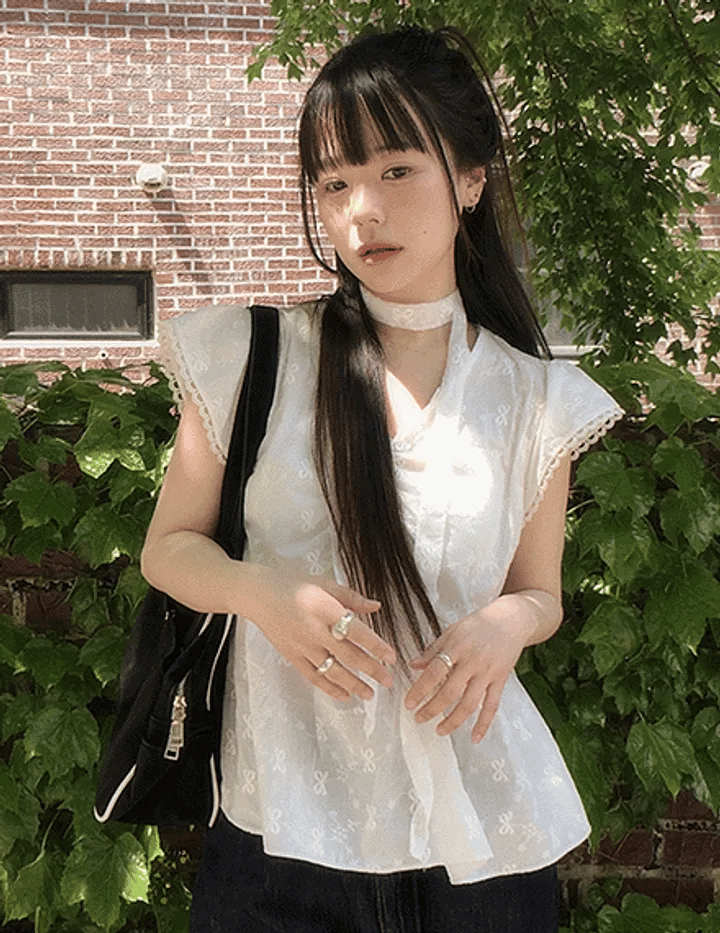 Lace Ribbon Blouse Set 