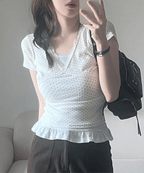 【🖤Korean Style Y2K】PokaDot Lace Tee 