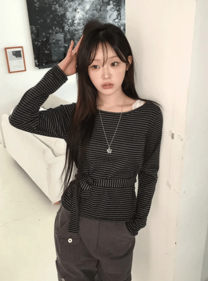 【U領收腰】Soft Stripe Ribbon Tee