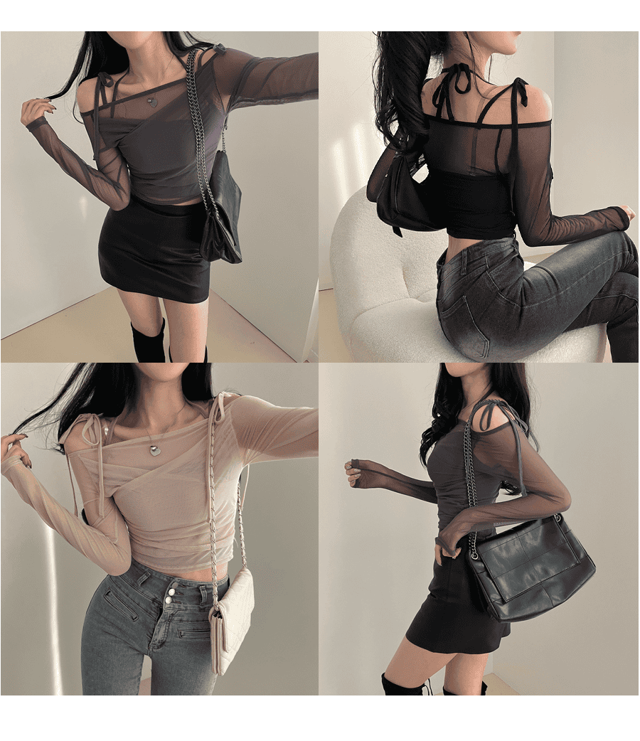 掛頸絲帶露肩透視背心SET