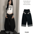 【彎刀神褲】Embroidered Roll-Up Raw Denim