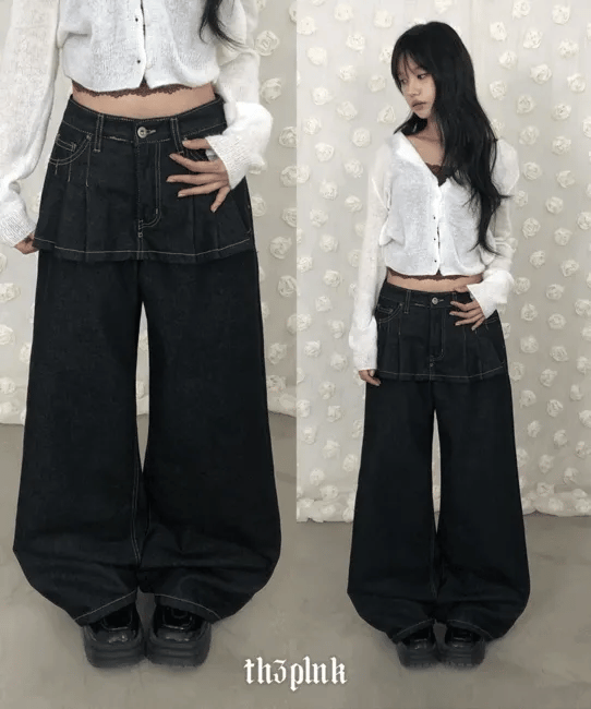 Non-Fade Layered Wide Jeans