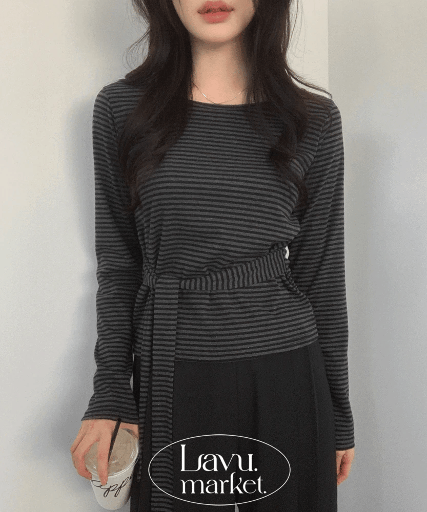 【U領收腰】Soft Stripe Ribbon Tee