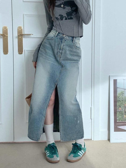 【y2k vibe】Slit Long Denim Skirt