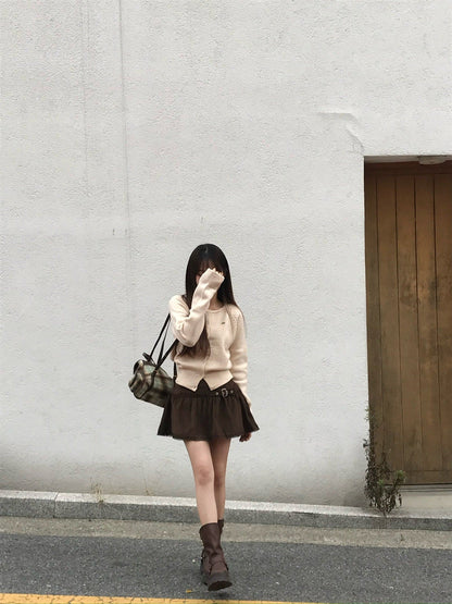 【🤎y2k vibe】Suede Lace Belt Skirt