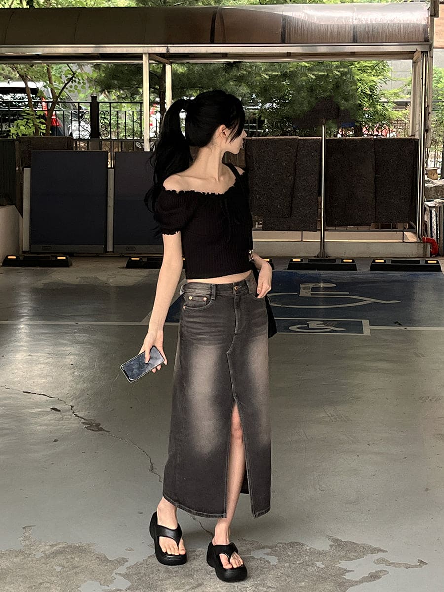 【y2k vibe】Slit Long Denim Skirt