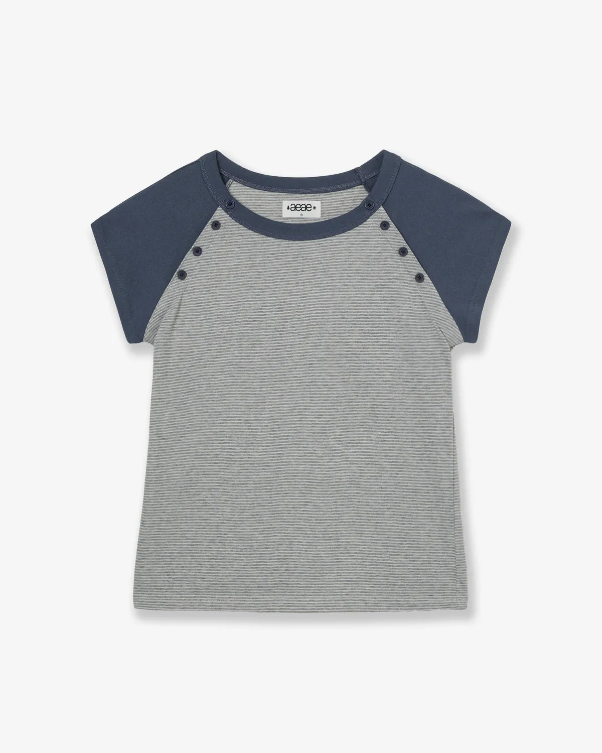aeae - STRIPE BUTTON RAGLAN TEE