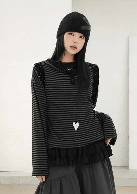【🎧y2k vibe】Stripe Hoodie Tee 