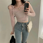 Halter Ribbon Off-Shoulder See-Through Vest Set 