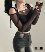 Halter Ribbon Off-Shoulder See-Through Vest Set 