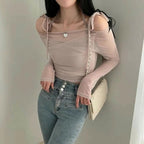 Halter Ribbon Off-Shoulder See-Through Vest Set 