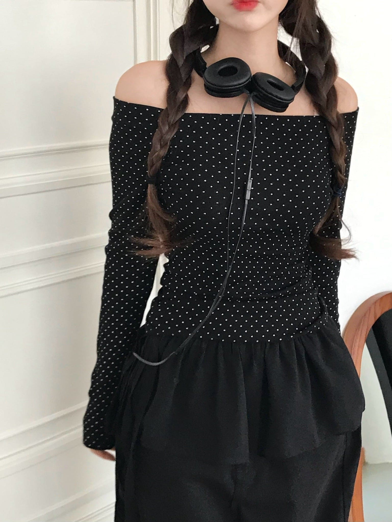 【🤍韓式波點風】Dot Off Shoulder Top