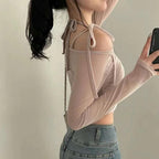 Halter Ribbon Off-Shoulder See-Through Vest Set 