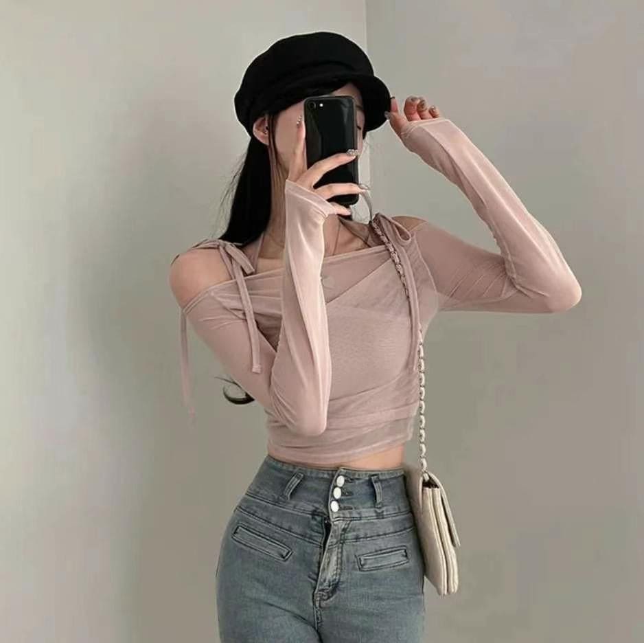 Halter Ribbon Off-Shoulder See-Through Vest Set 