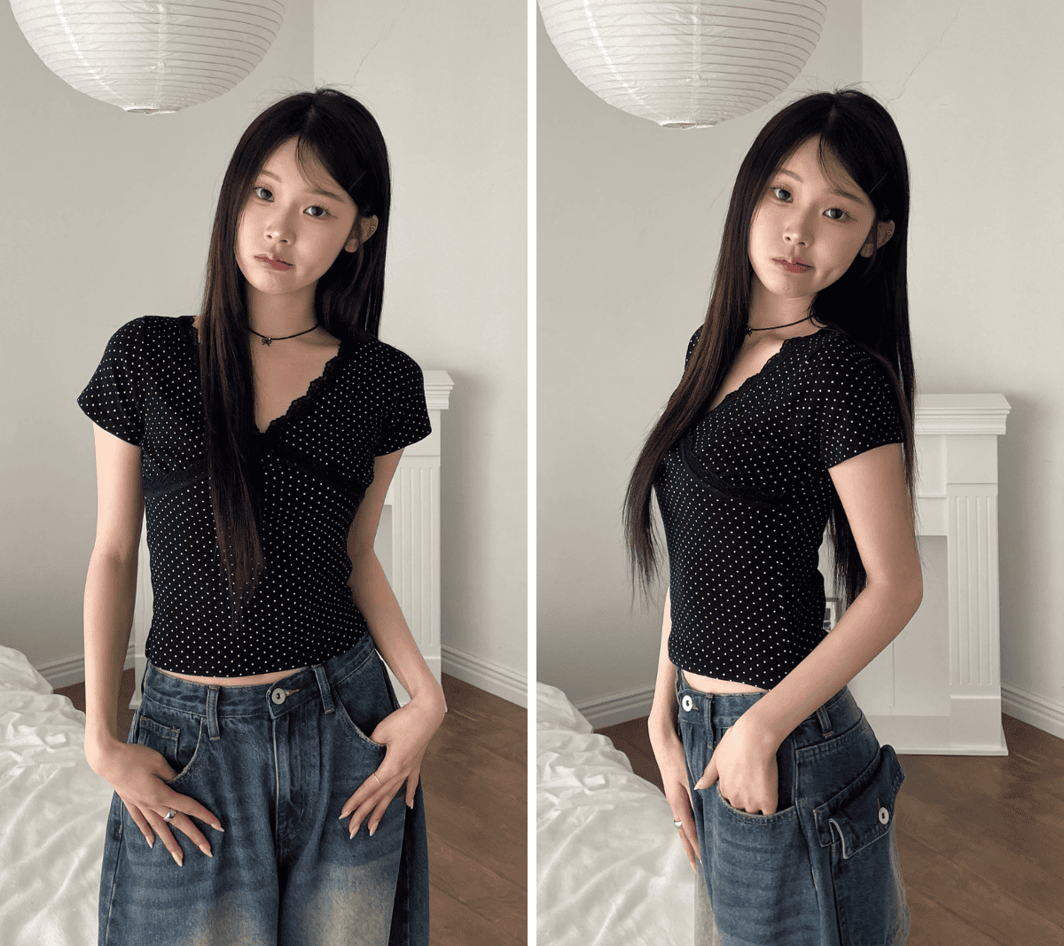 【🖤Korean Style Y2K】PokaDot Lace Tee 