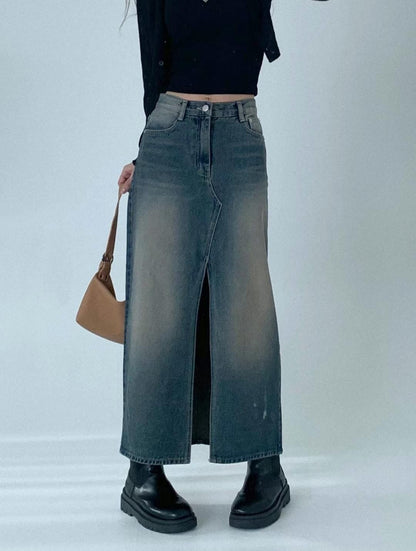 【y2k vibe】Slit Long Denim Skirt