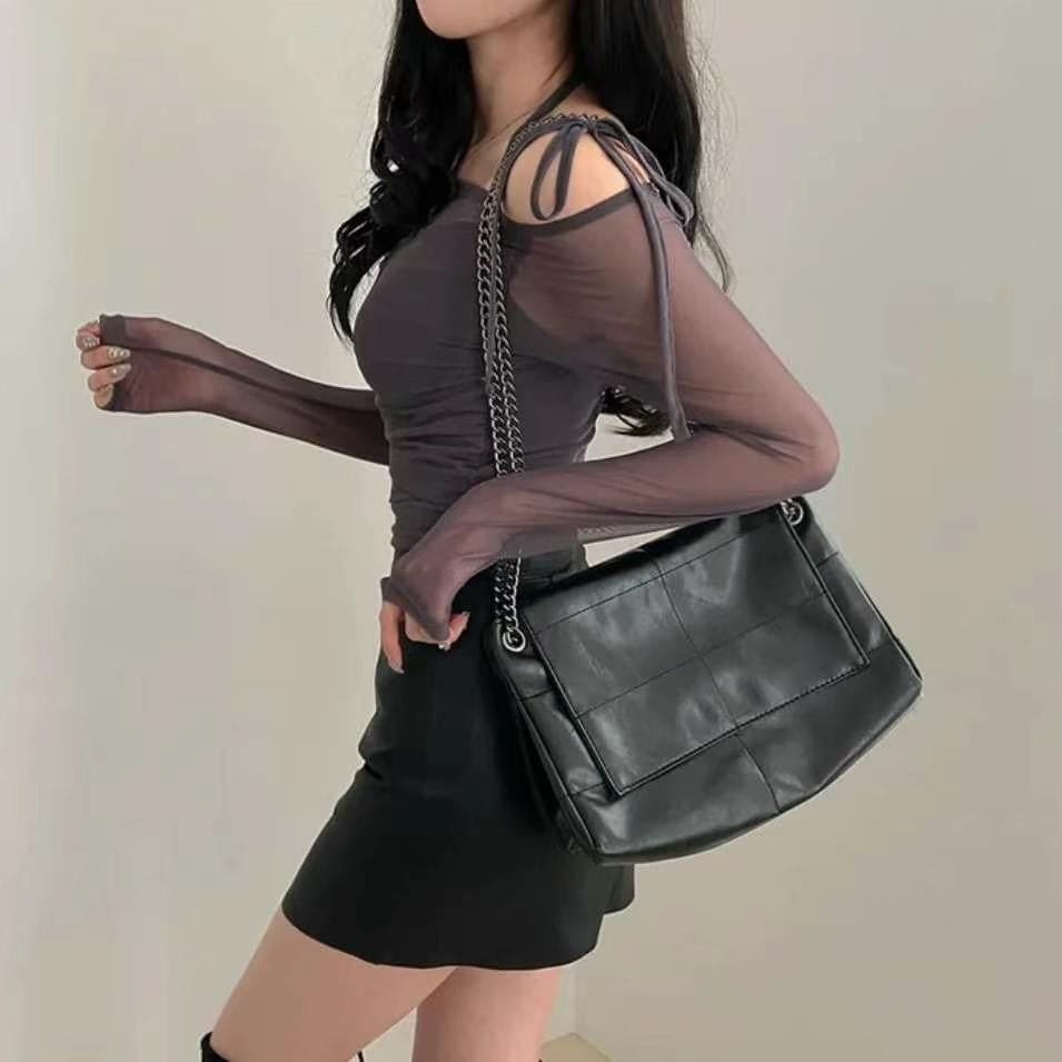 Halter Ribbon Off-Shoulder See-Through Vest Set 