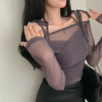 Halter Ribbon Off-Shoulder See-Through Vest Set 