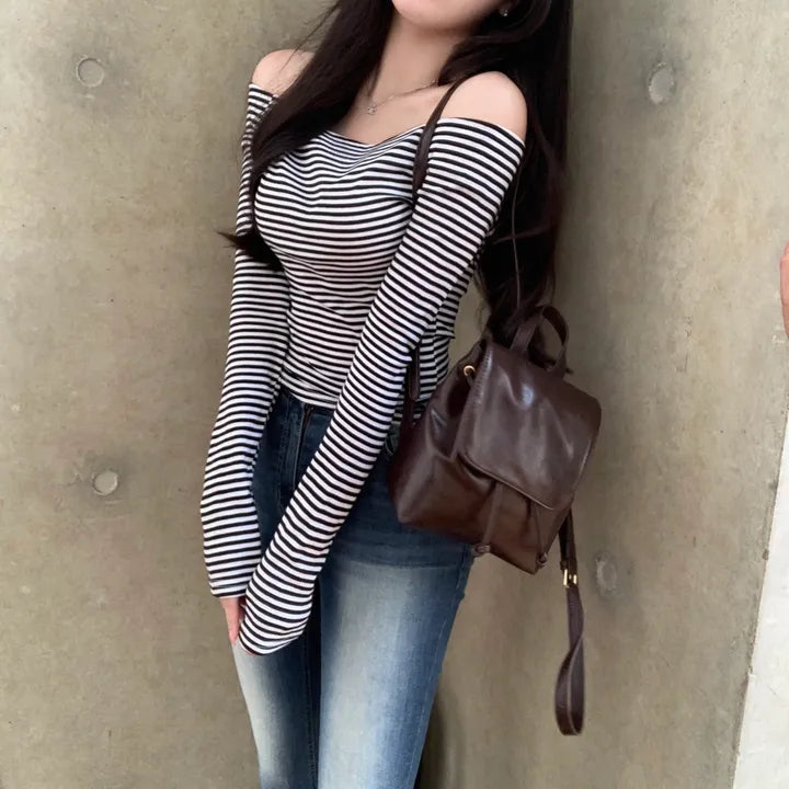 【🖤清純性感】Stripe Off Shoulder Top｜KARINA同款