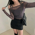 Halter Ribbon Off-Shoulder See-Through Vest Set 