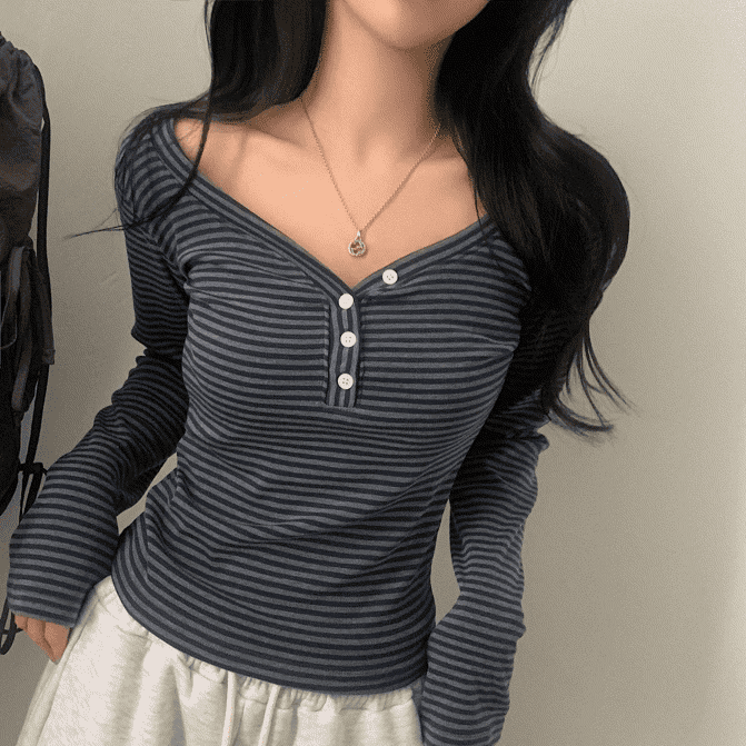 【🗝️Daily Item】Button Stripe Tee 