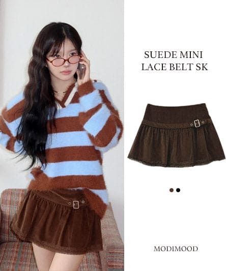 【🤎y2k vibe】Suede Lace Belt Skirt 