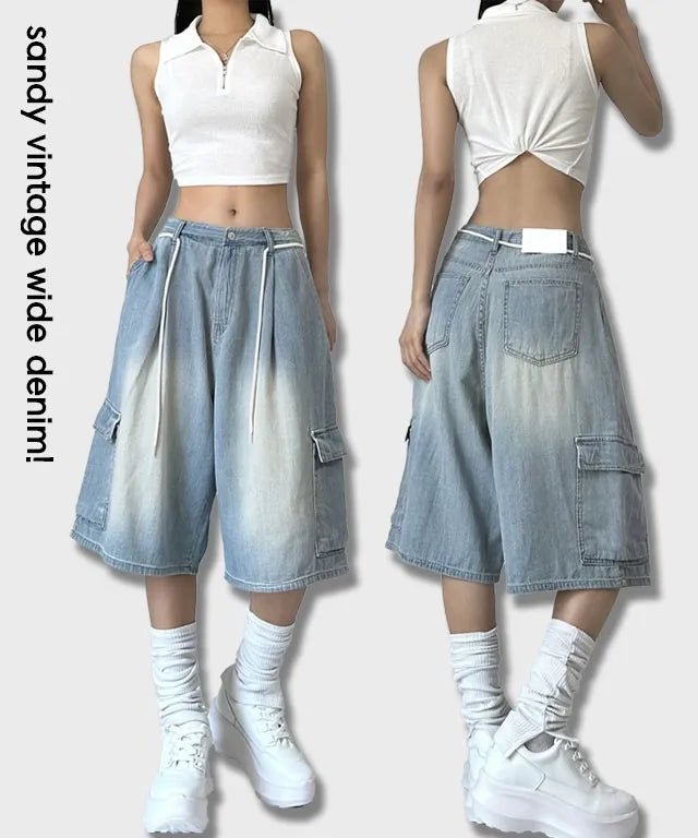 【y2k vibe】Cargo Wide Half Pants