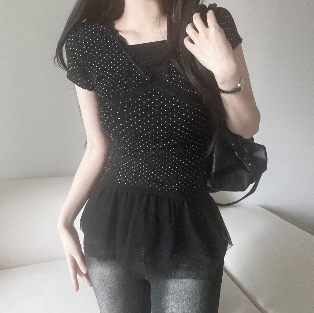 【🖤Korean Style Y2K】PokaDot Lace Tee 