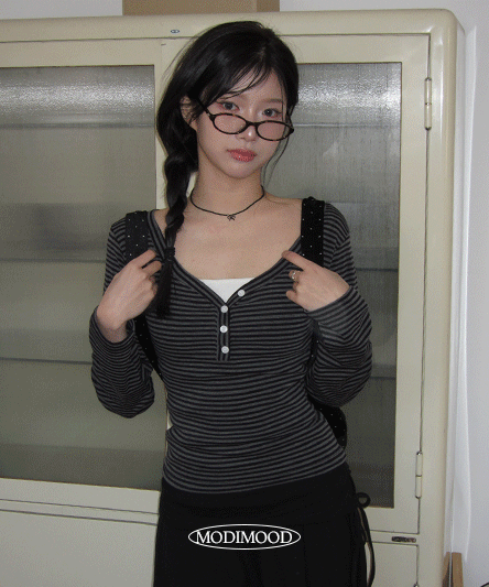 【🗝️Daily Item】Button Stripe Tee 