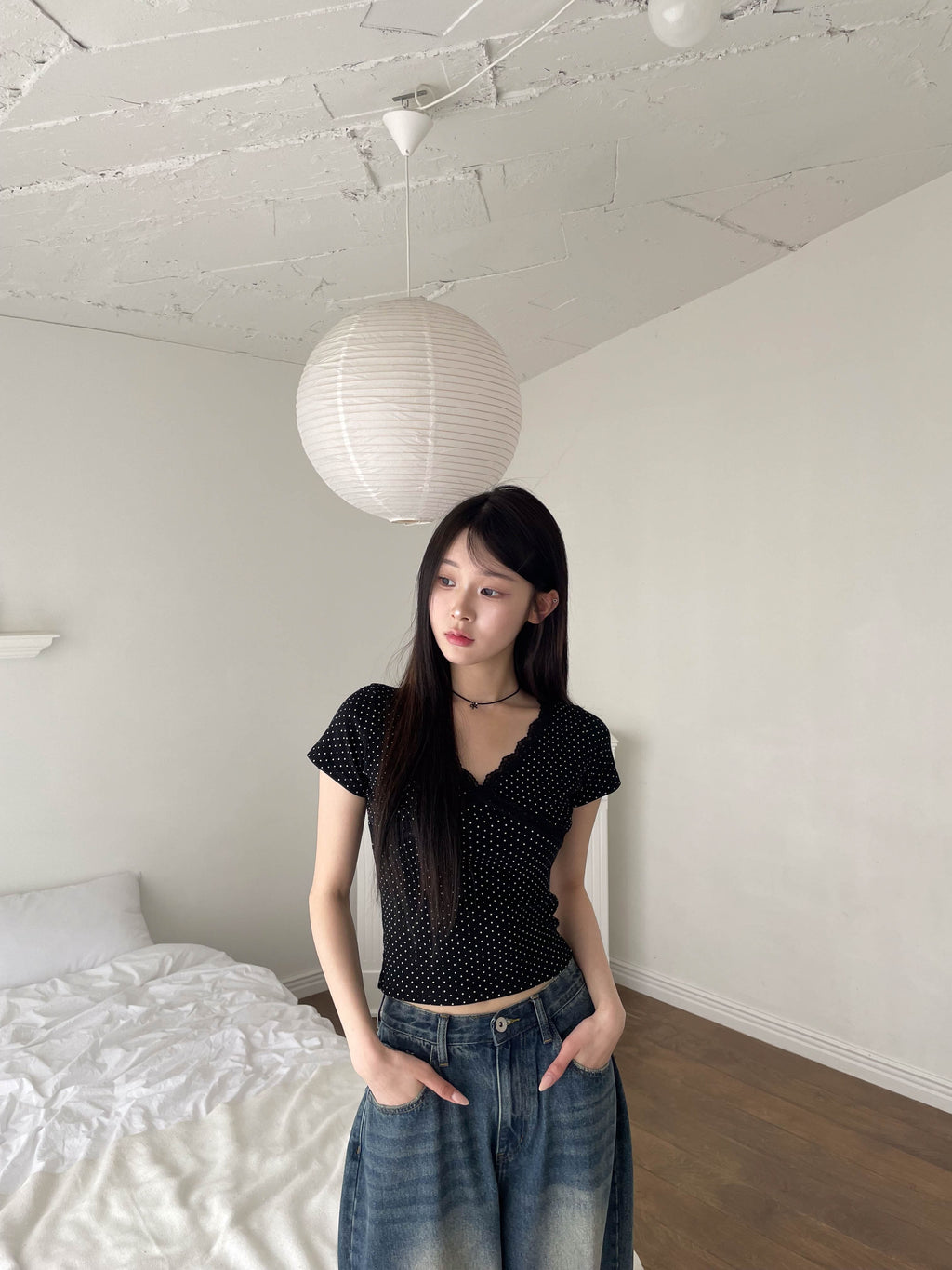 【🖤Korean Style Y2K】PokaDot Lace Tee 