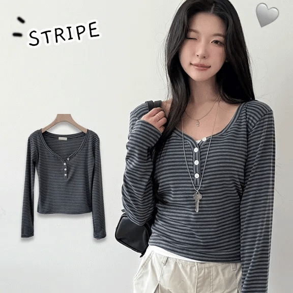 【🗝️Daily Item】Button Stripe Tee
