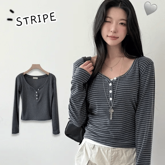 【🗝️Daily Item】Button Stripe Tee 