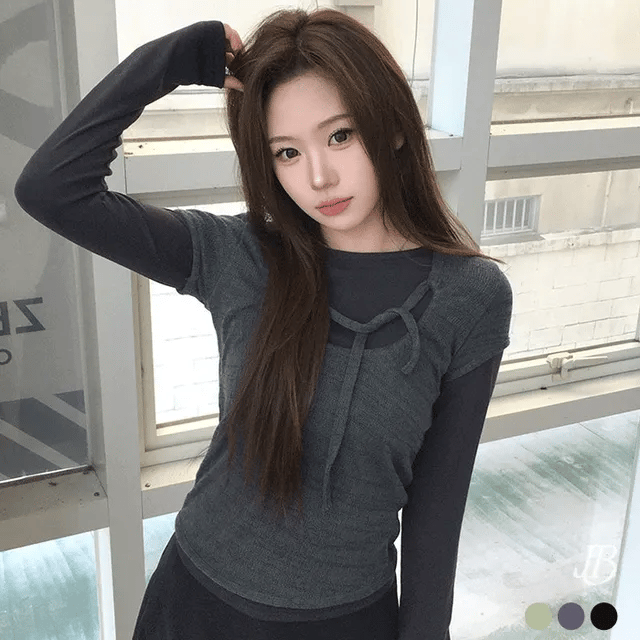 【🩶y2k vibe】Layered Ribbon Top Set