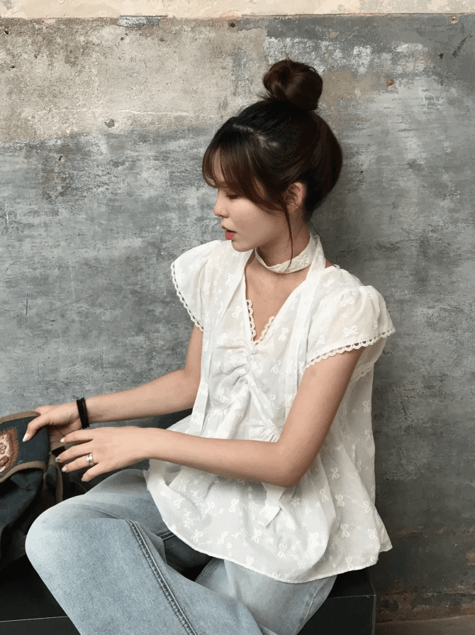 Lace Ribbon Blouse Set 