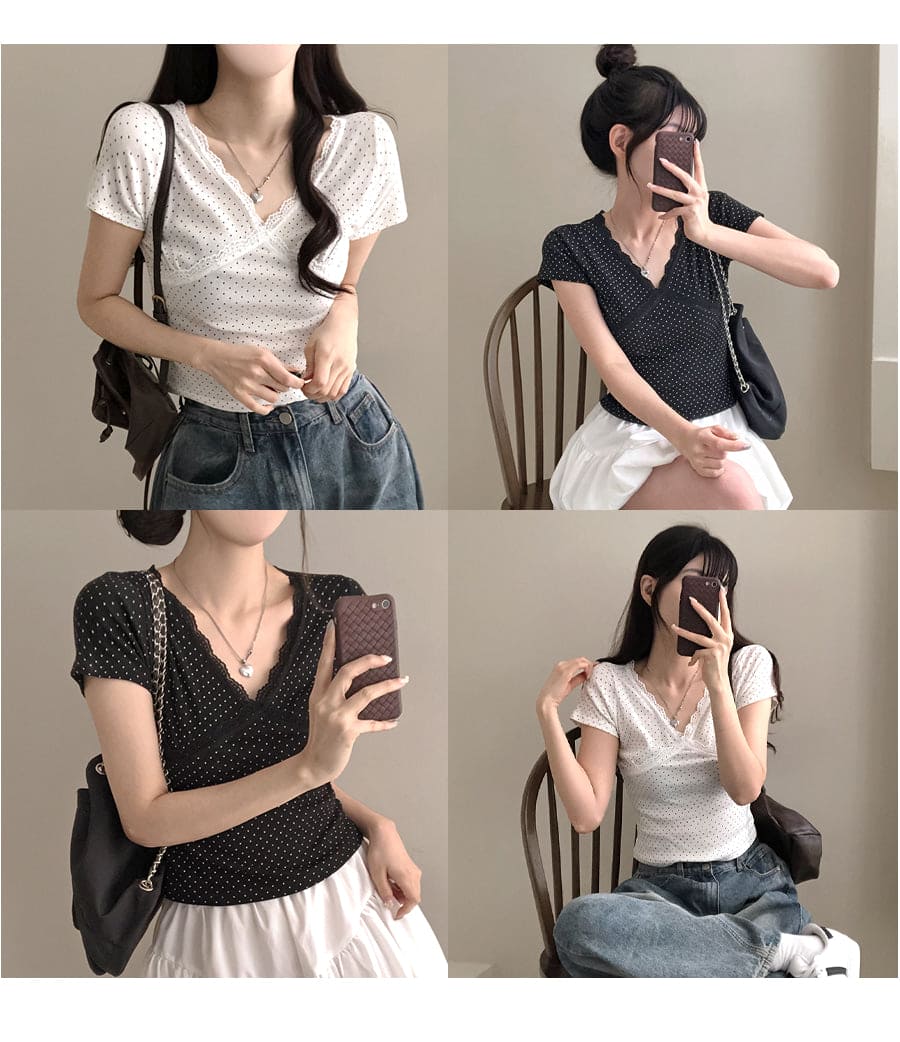 【🖤Korean Style Y2K】PokaDot Lace Tee 