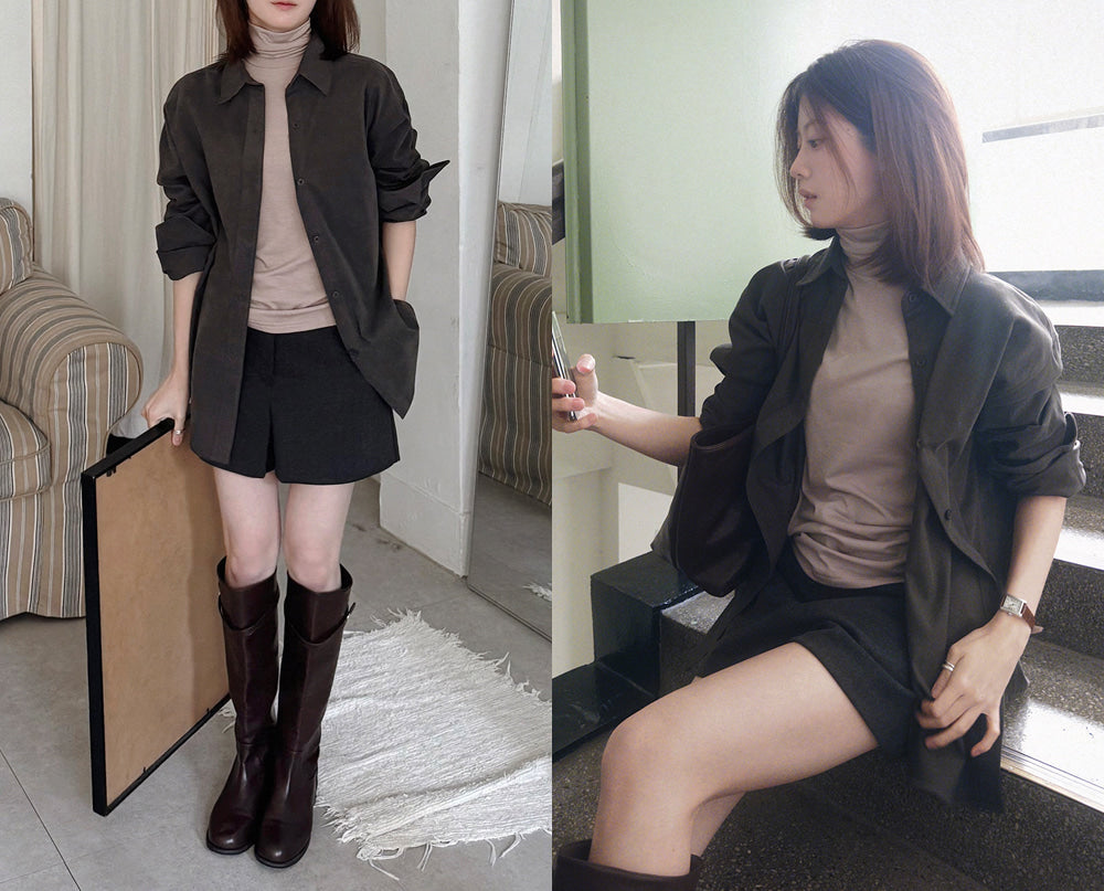 韓網MADE款！柔軟緊身拉絨樽領Tee