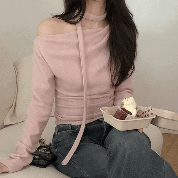 【單肩暖蝶結】Ribe Drape Off-Shoulder Set