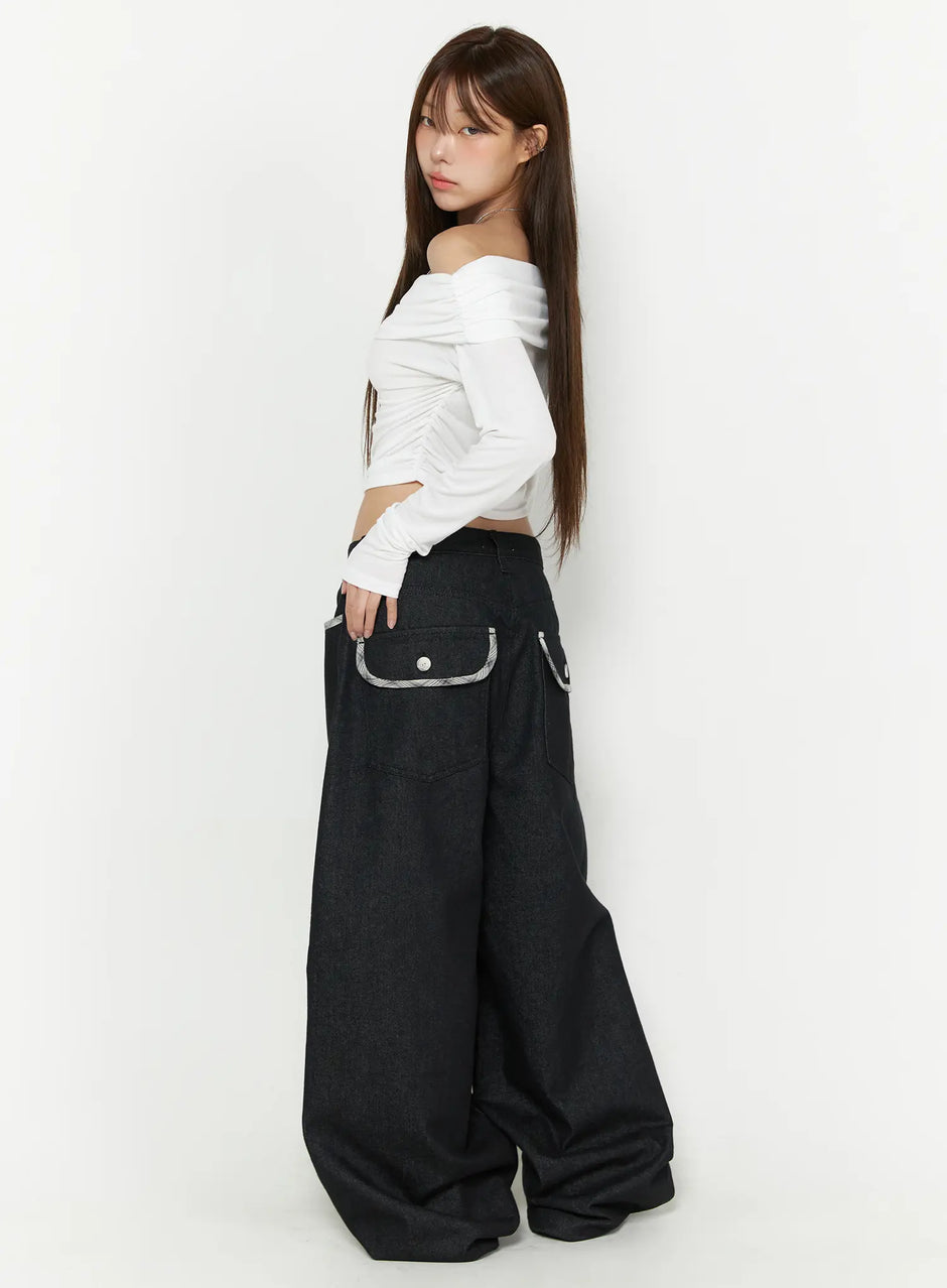 Remi Plaid Detail Wide Jeans