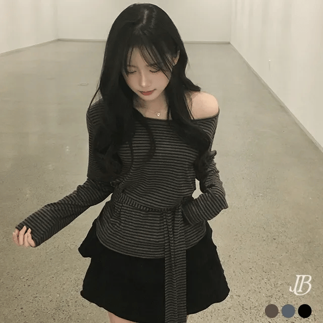 【U領收腰】Soft Stripe Ribbon Tee