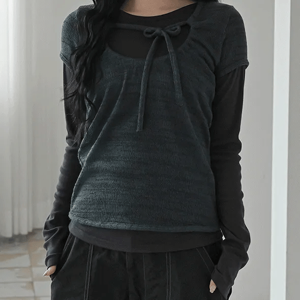 【🩶y2k vibe】Layered Ribbon Top Set